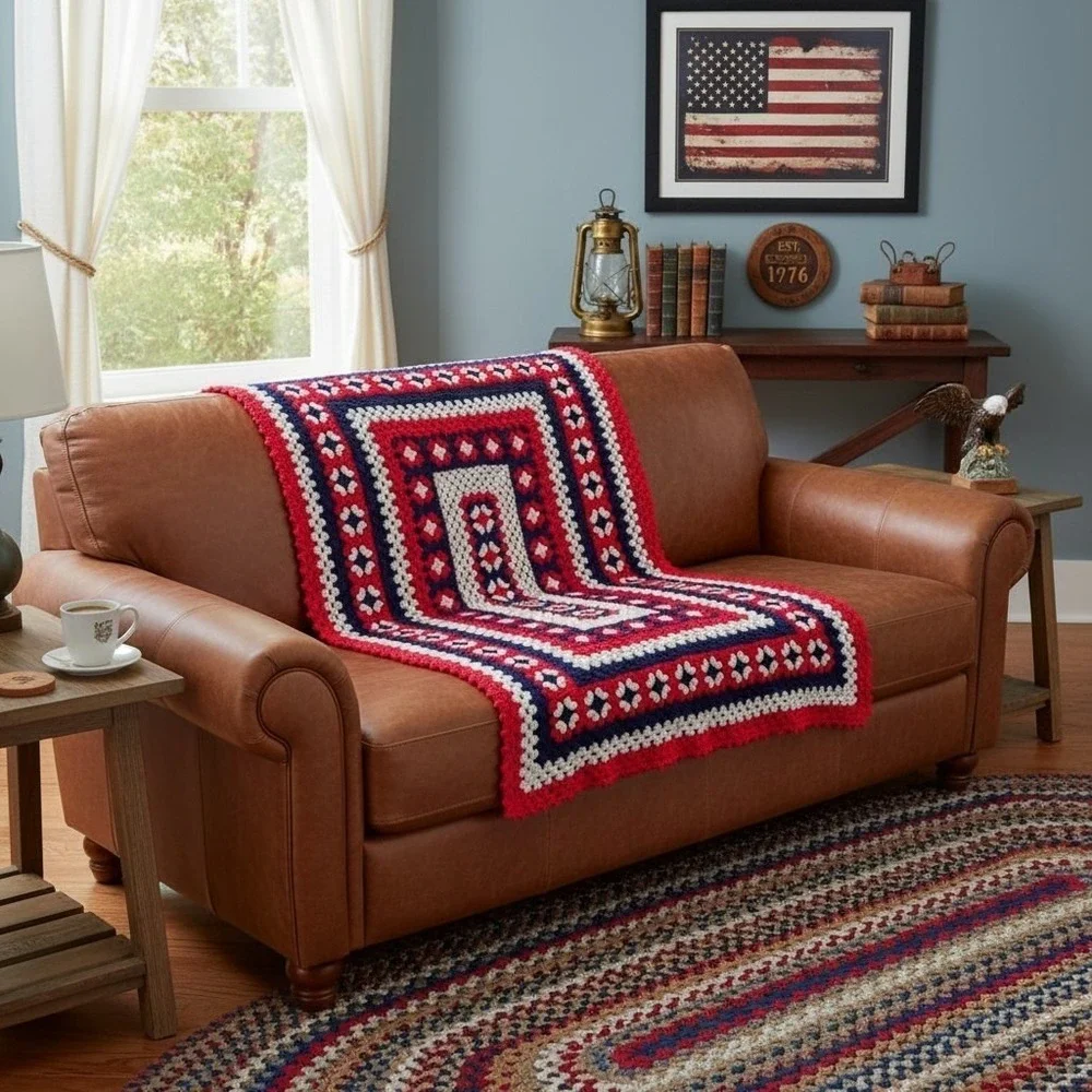 Crochet Granny Square Afghan Red White Blue 65